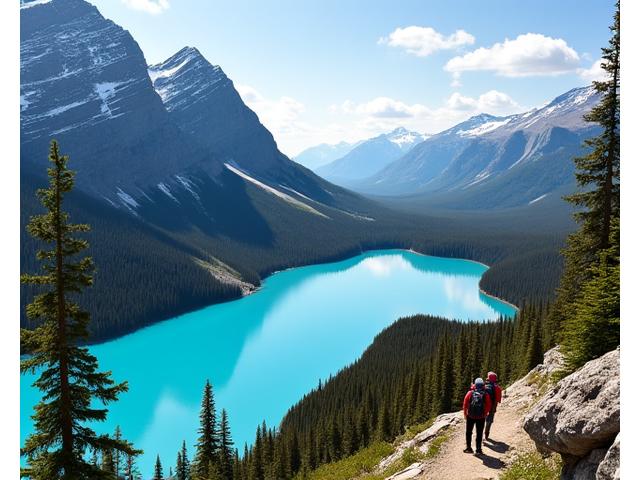 Hikers marveling at Lake Louise in Banff National Park