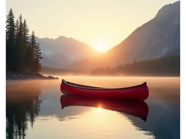 A canoe on a calm Canadian lake at sunrise, surrounded by misty mountains