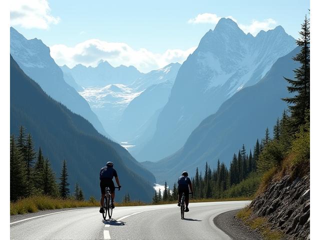 Cyclists riding along the scenic Icefields Parkway with mountains in the background