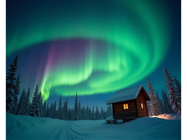 Vibrant green Northern Lights dancing over a snowy landscape and small cabin