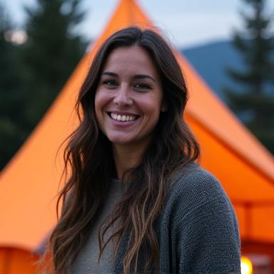 Guide Mountain Echo in glamping gear relaxing by a campfire