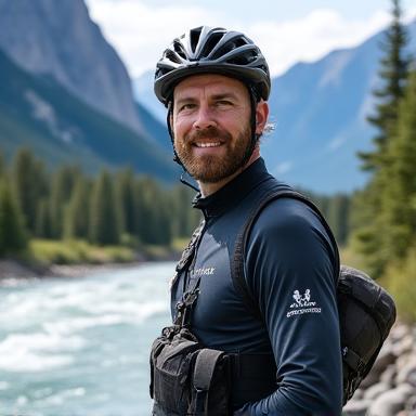 Guide River Stone posing by a Canadian river with mountains in background
