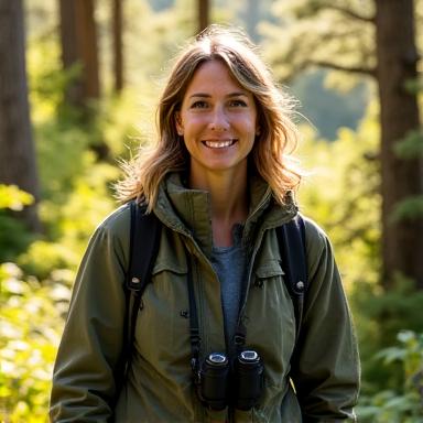 Guide Willow Creek smiling and hiking through a boreal forest