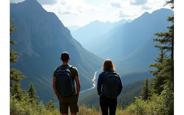 Hikers overlooking a vast, pristine valley in the Canadian wilderness