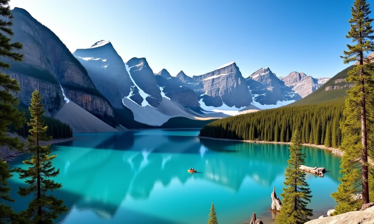 Breathtaking view of Moraine Lake in the Canadian Rockies with turquoise water and snow-capped mountains