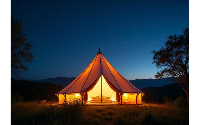 Luxurious glamping tent illuminated under a starry night sky