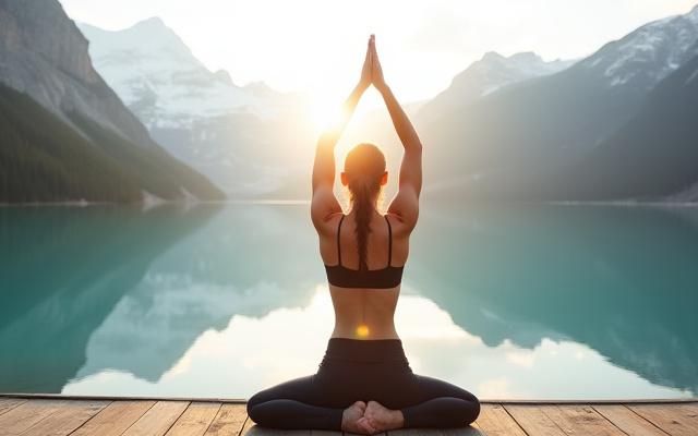 Person praktiziert Yoga bei Sonnenaufgang vor einer majestätischen Bergkulisse in den Alpen, strahlend und friedlich.