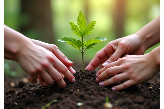 Hands planting a young tree in a forest, representing investment in nature and conservation
