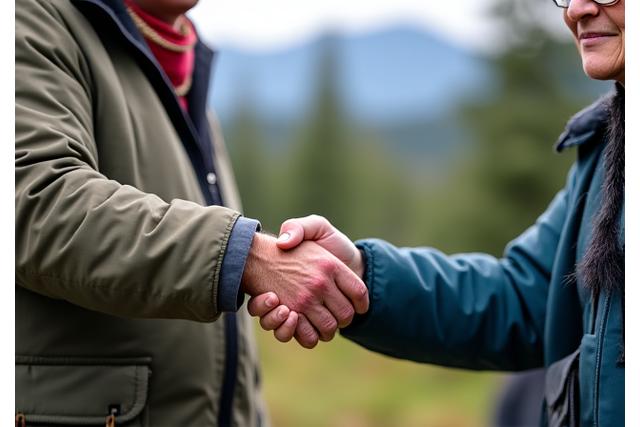 Indigenous elder and Tundra Tide guide shaking hands, symbolizing partnership and respect for local communities