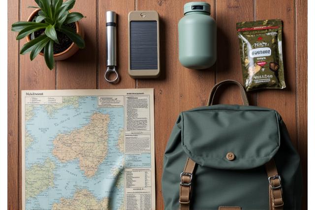 Eco-friendly travel gear and a map on a wooden table, symbolizing sustainable operations and local sourcing